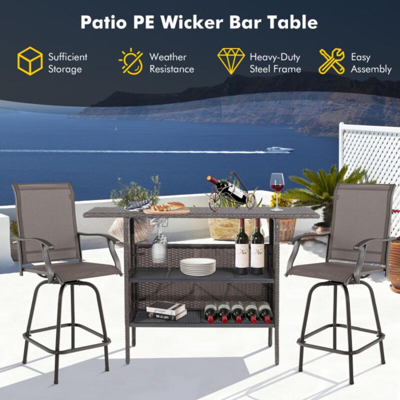 Hivvago Outdoor Wicker Bar Table with 2 Metal Mesh Shelves