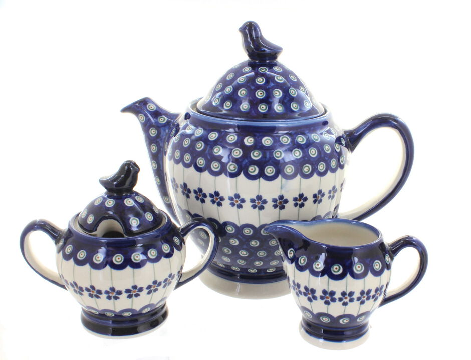 Blue Rose Polish Pottery Peacock 3 PC Coffee Pot Set with Bird Topper