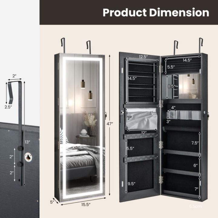 Hivvago Mirrored Jewelry Armoire with Full Length Mirror and 2 Internal LED Lights