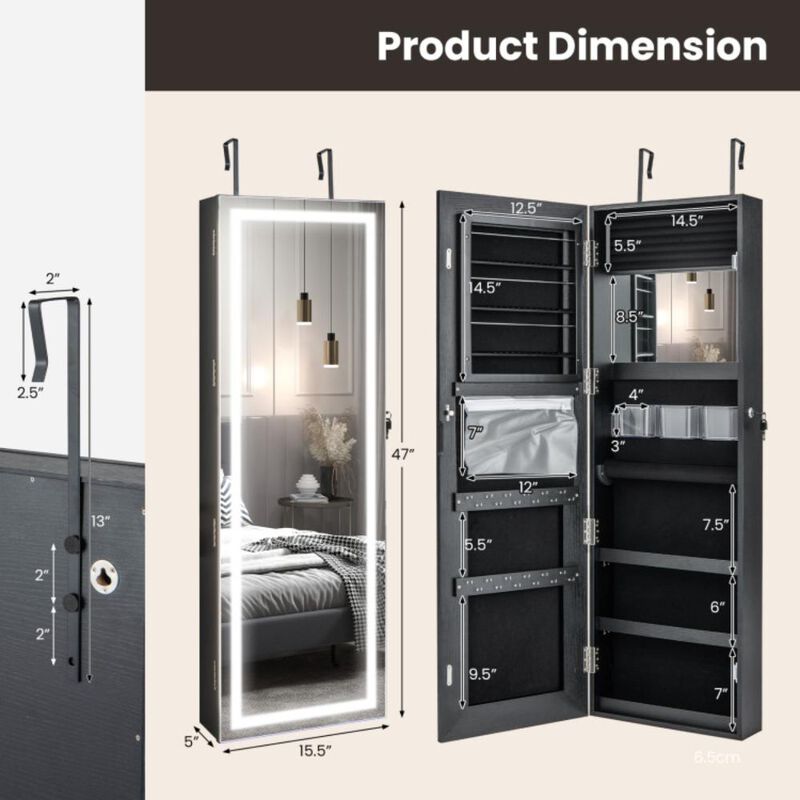 Hivvago Mirrored Jewelry Armoire with Full Length Mirror and 2 Internal LED Lights