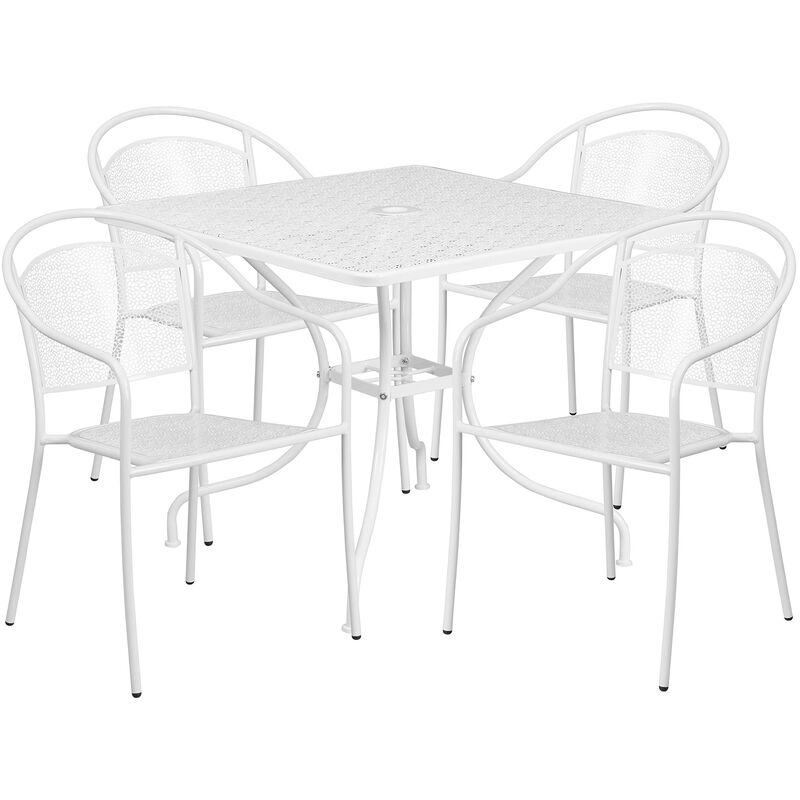 Flash Furniture Oia Commercial Grade 35.5" Square White Indoor-Outdoor Steel Patio Table Set with 4 Round Back Chairs