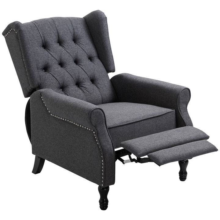 HOMCOM Fabric Upholstered Wingback Recliner, Tufted Push Back Accent Chair, Linen Arm Chair with Footrest, Armrest, Padded Cushion, Dark Grey
