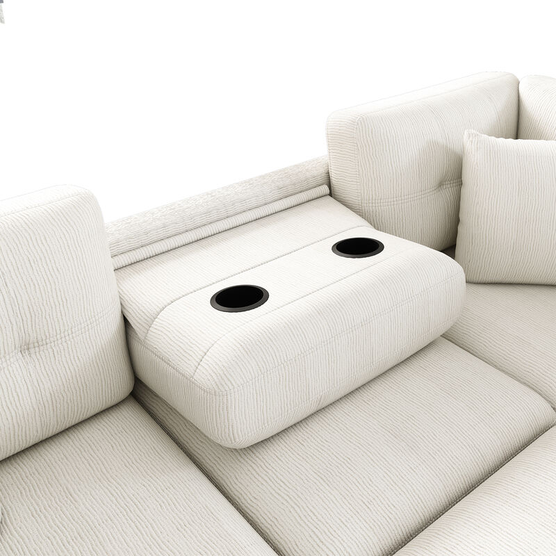 86.6" Sectional Sofa L-shaped Sofa Couch Pull-out Sofa Bed with a Movable Ottoman, Two USB Ports  and Two Cup Holders for Living Room, Beige