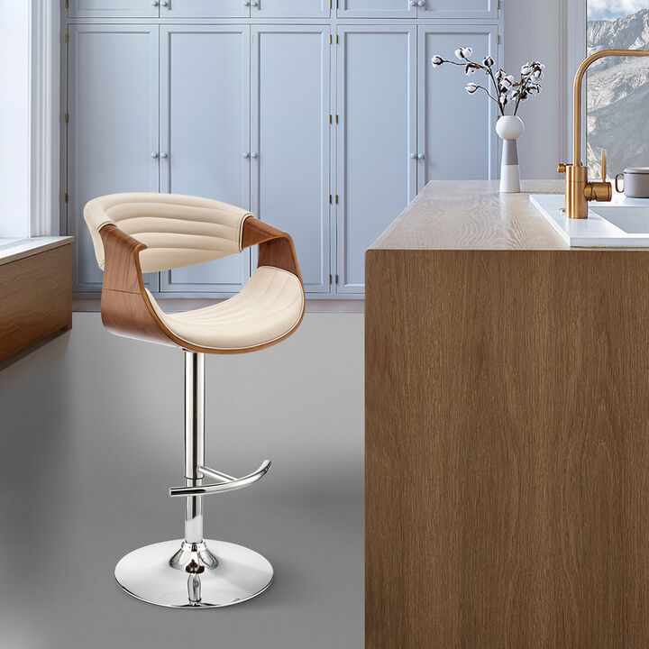 Gionni Adjustable Swivel Grey Faux Leather and Walnut Wood Stool with Chrome Base