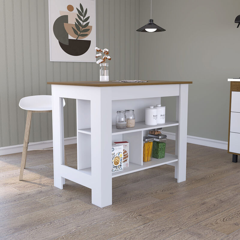 Streamdale Cala Kitchen Island, Four Legs, Three Shelves - White Walnut