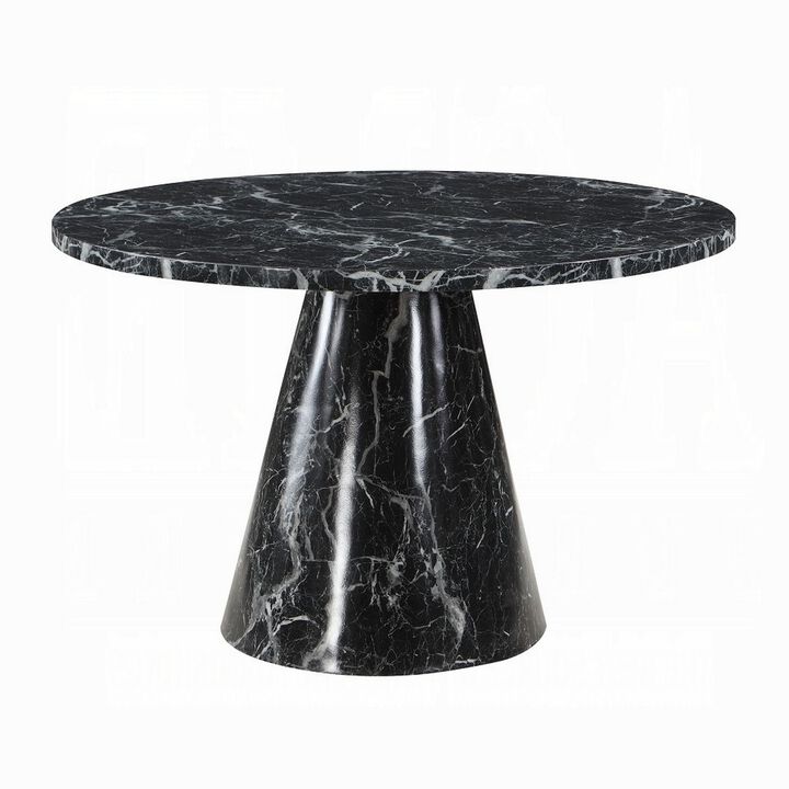Olivia Dining Table, Pedestal Base, 48 Inch Round Black Faux Stone Top - Benzara