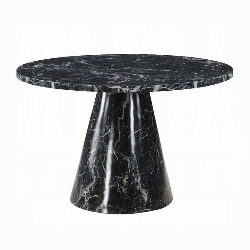 Olivia Dining Table, Pedestal Base, 48 Inch Round Black Faux Stone Top - Benzara