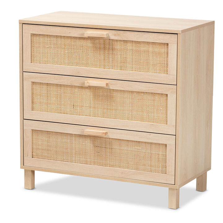 Baxton Studio Sebille Mid Century Light Brown Finished 3 Drawer Storage Rattan Cabinet