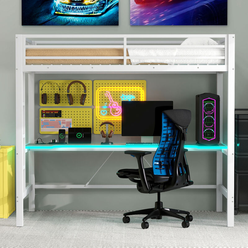 Merax Gaming Metal Loft Bed Frame with LED Light and Desk