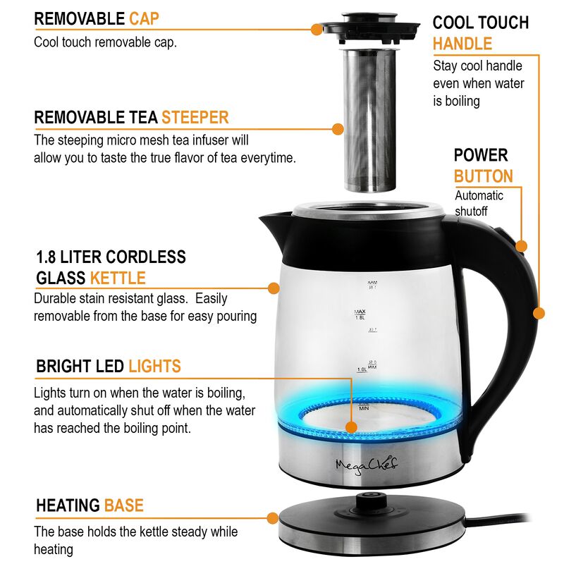MegaChef 1.8 Liter Cordless Glass and Stainless Steel Electric Tea Kettle with Tea Infuser