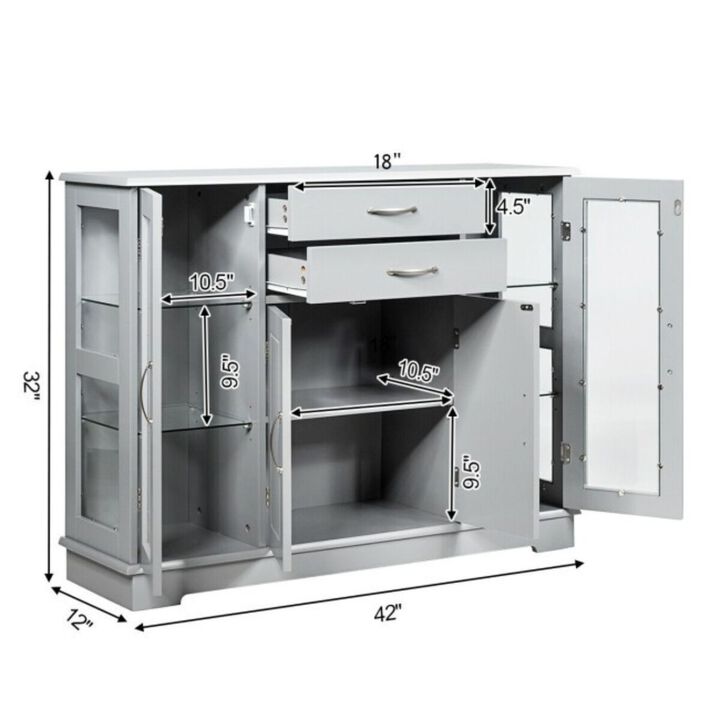 Hivvago Grey Wood Buffet Sideboard Cabinet with Glass Display Doors
