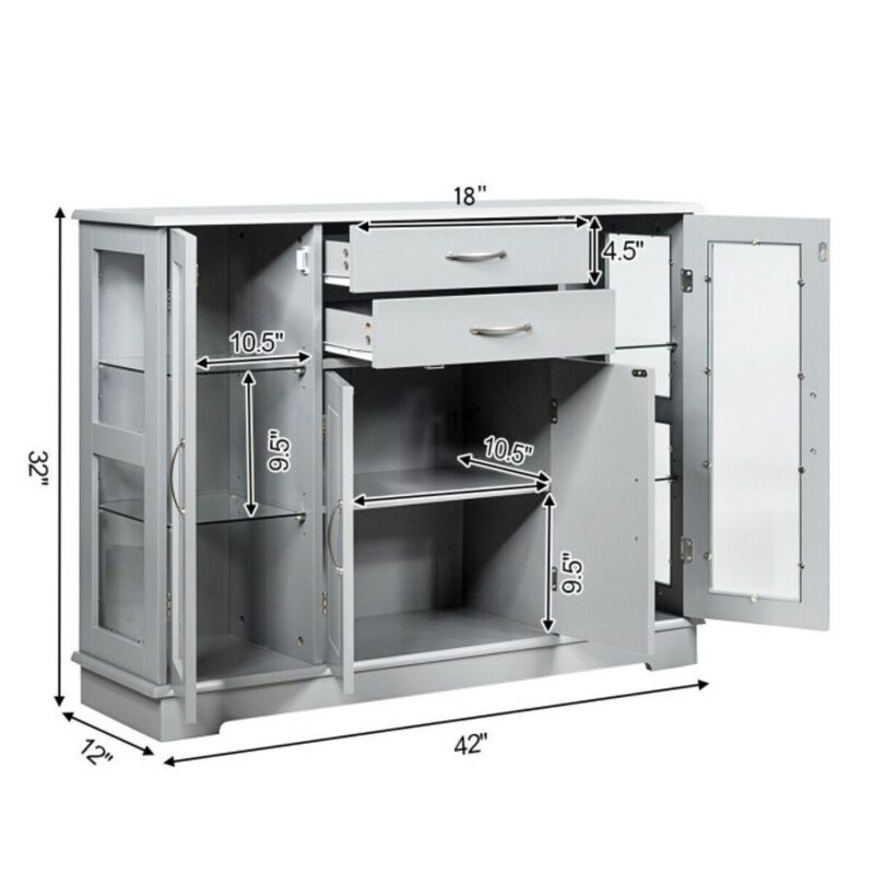 Hivvago Grey Wood Buffet Sideboard Cabinet with Glass Display Doors