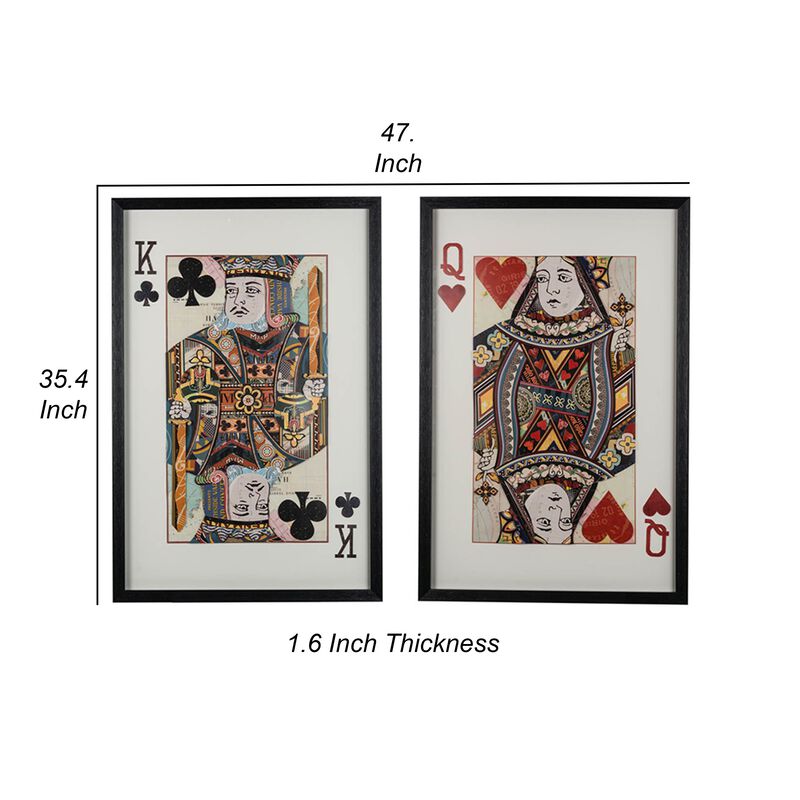 24 x 35 Set of 2 Framed Wall Art, King Queen Card Pair, Gold, Black, Red - Benzara