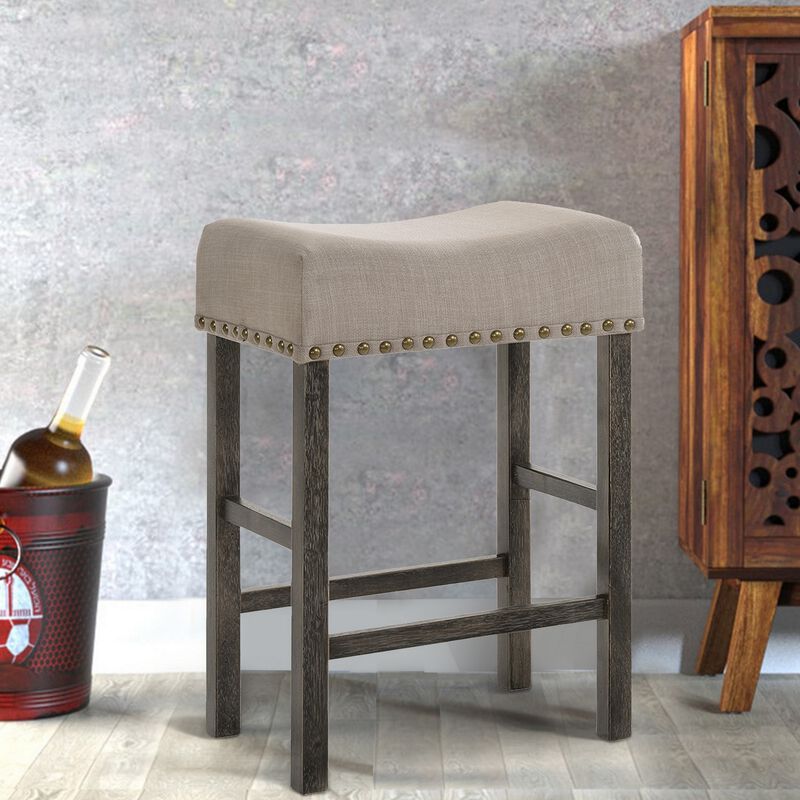 Wooden Counter Height Stool with Linen Upholstered Saddle Seat, Set of 2, Beige and Gray-Benzara