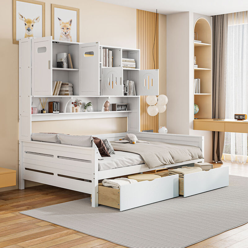 Merax Wooden Daybed with Storage Drawers and Cabinets