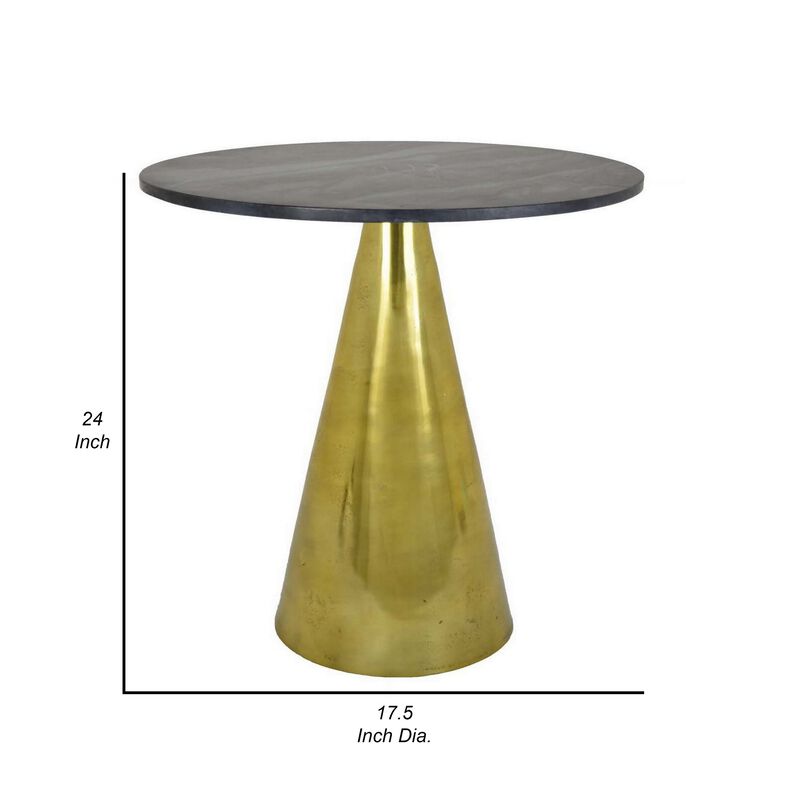 Tilu 24 Inch Plant Stand Side Table, Black Round Marble Top, Gold Metal - Benzara