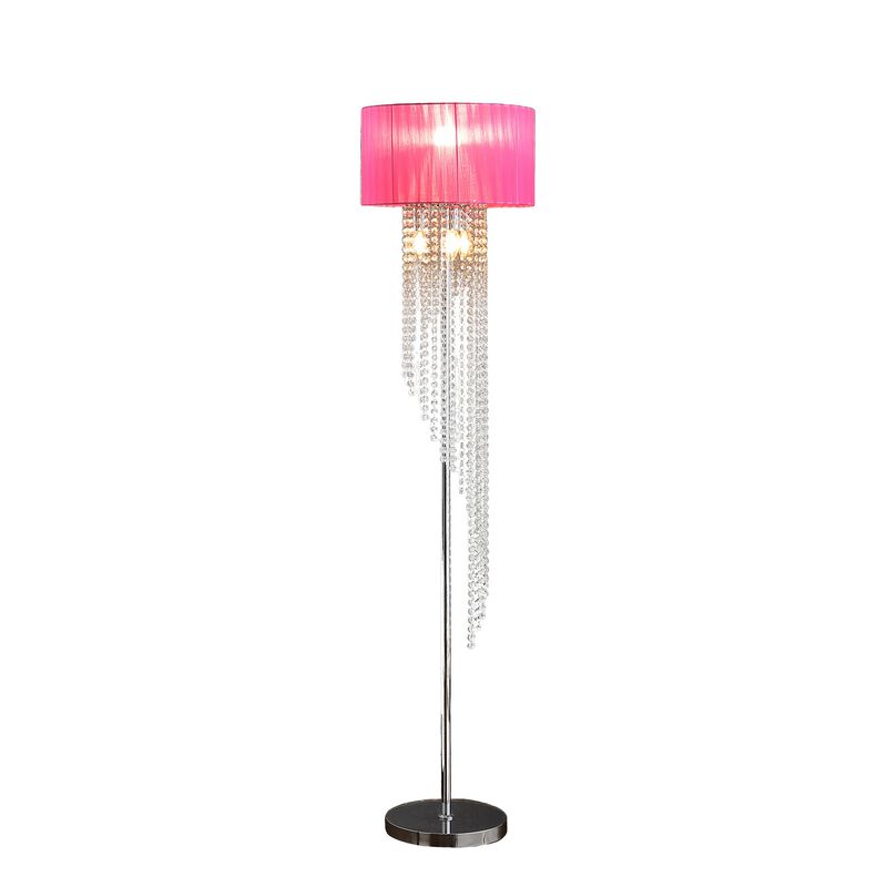 Mero Floor Lamp, Suspended Crystal Rain Chains, Pink Shade, 53 Inch  - Benzara