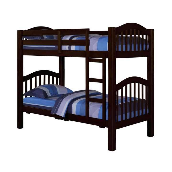 Twin Over Twin Bunk Bed, Pine Wood, Slatted Headboard, Espresso Brown  - Benzara