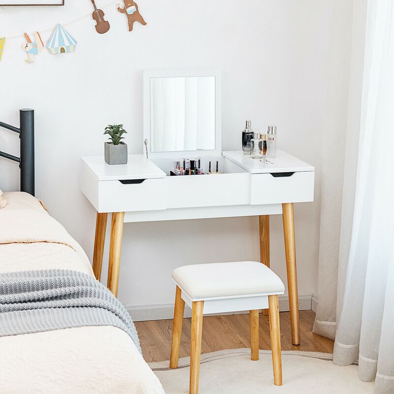 Makeup Vanity Table Set with Flip Top Mirror and 2 Drawers