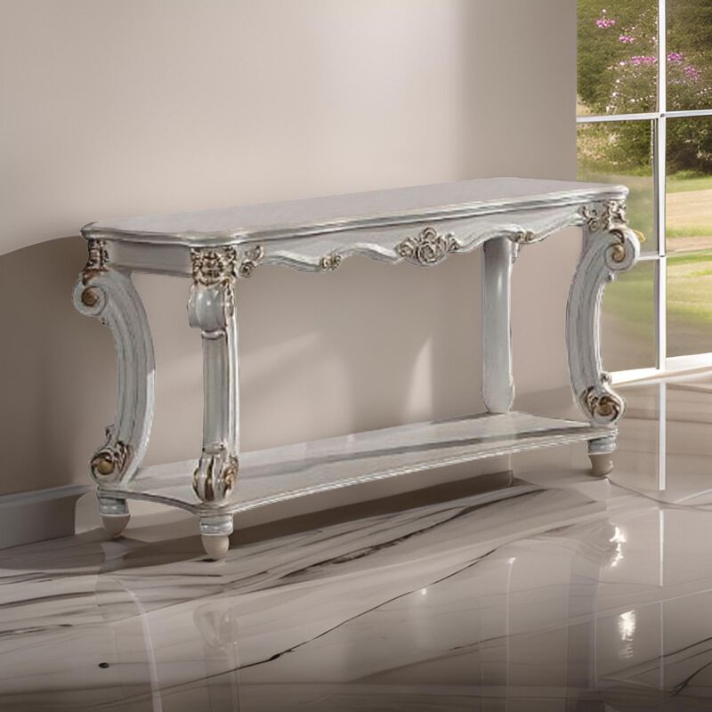 Jess 58 Inch Sofa Console Table, Classic Scrolled Legs, Brushed Gold, Shelf - Benzara