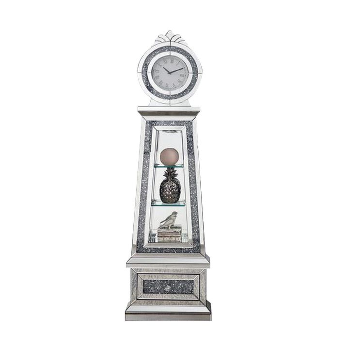 Mirrored Grandfather Clock with 3 Open Compartments, Silver-Benzara