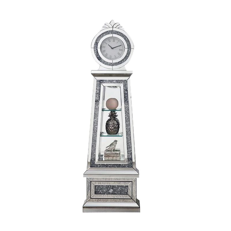 Mirrored Grandfather Clock with 3 Open Compartments, Silver-Benzara
