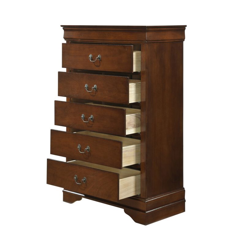 5 Drawer Wooden Chest with Metal Hardware, Cherry Brown - Benzara