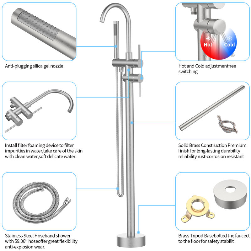 Freestanding Tub Faucet, Brushed Nickel Floor Mount Bathtub Filler with Swivel Spout & Hand Shower