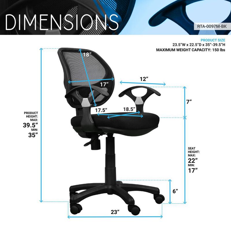 Techni Mobili Midback Mesh Task Office Chair. Color: Black