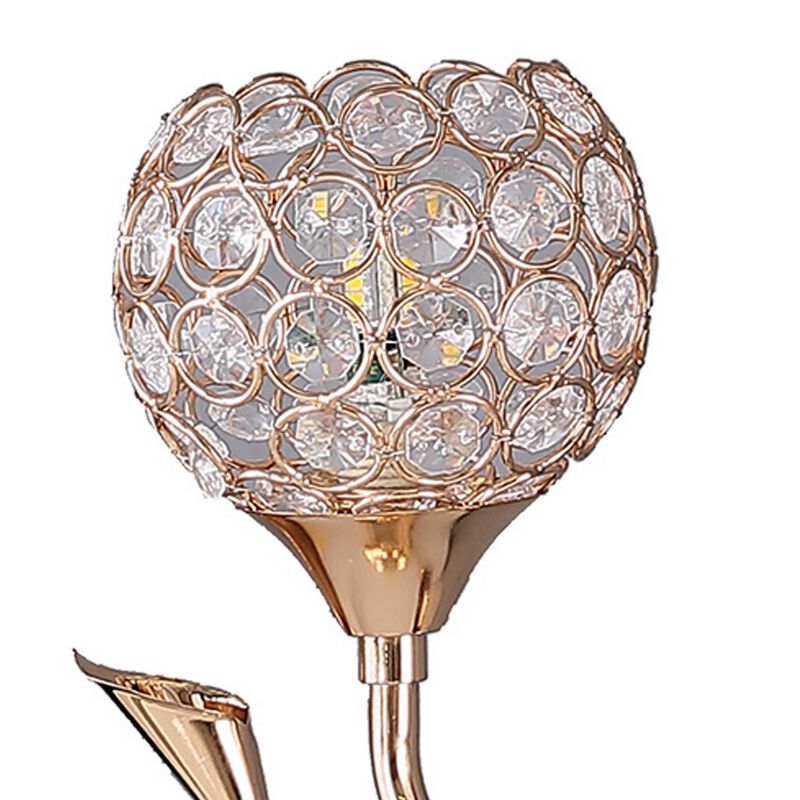 Metal Table Lamp with Floral Shade and Acrylic Crystals, Gold-Benzara