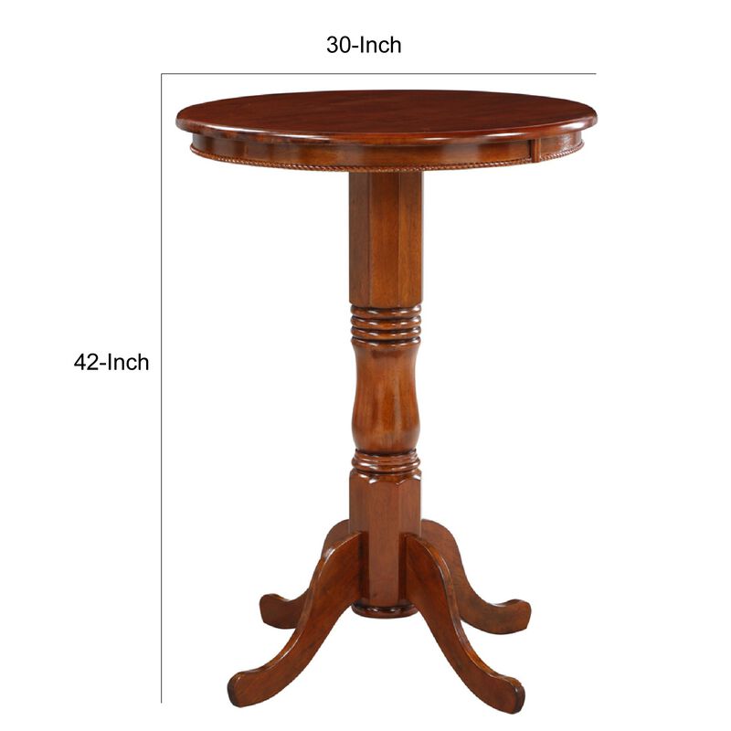 32 Inch Round Pub Bar Table, Classic Turned Pedestal, MDF Wood, Walnut Brown-Benzara