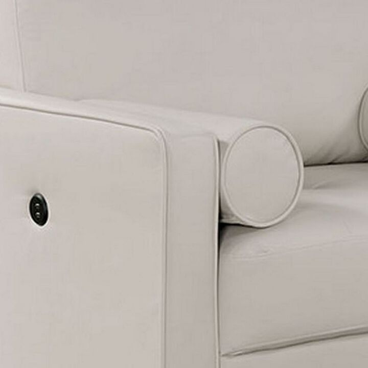 Quzi 40 Inch Chair, USB Charger, Bolster Pillows, Tapered Legs, Off White - Benzara