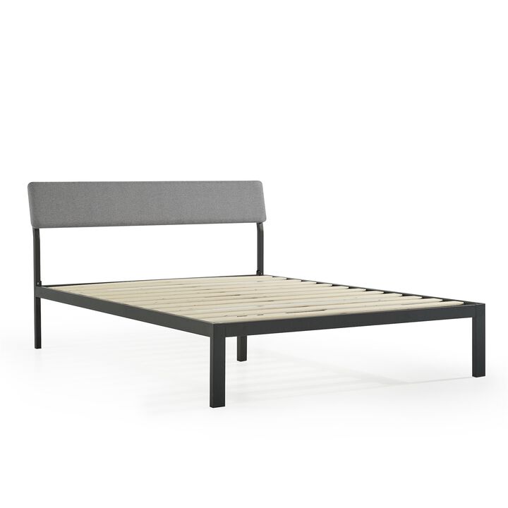 Hivvago King Size Grey Soft Fabric Metal Headboard Platform Bed Wooden Slats