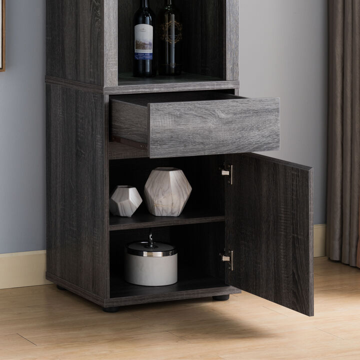 Distressed Grey LED Light Fixture Curio with 2 Glass Shelves, Drawer and Storage Cabinet