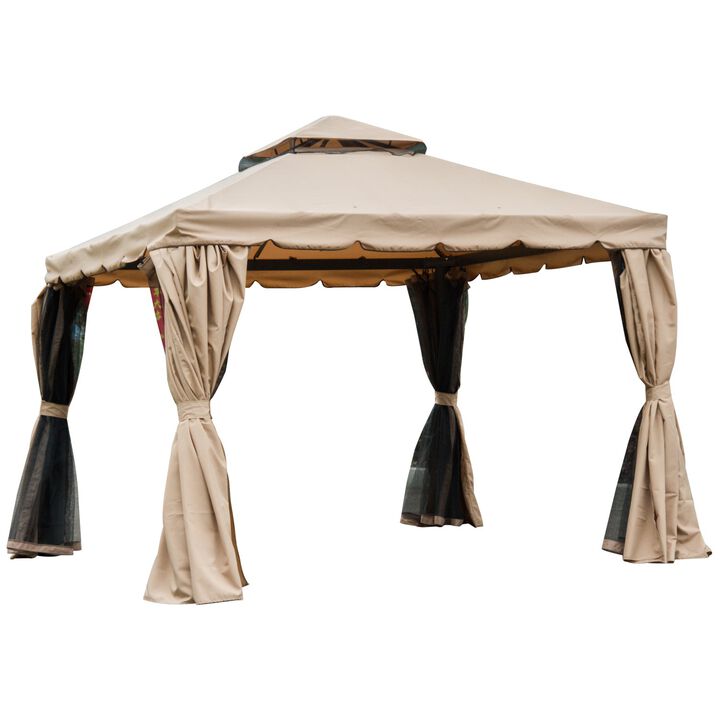 Khaki Backyard Haven: 10'x10' Gazebo with Netting & Double-Vented Roof