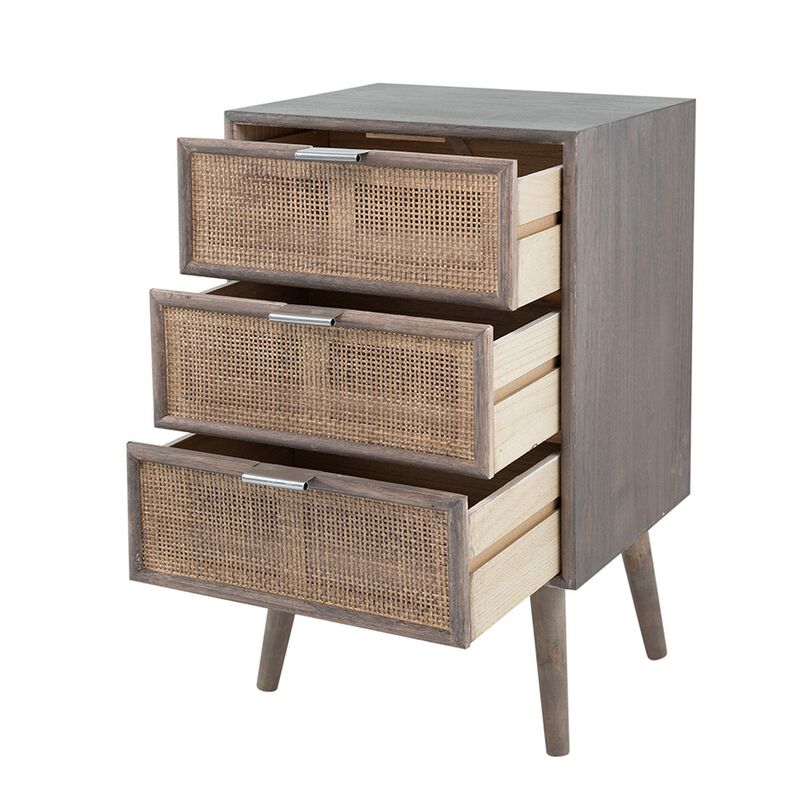 Cae 28 Inch Dresser Chest, 3 Drawers, Pine Wood, Rattan Panels, Dark Gray-Benzara
