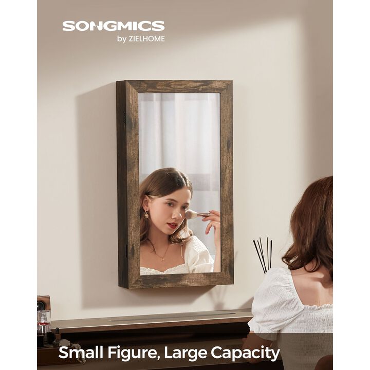 Space-Saving Wall-Mounted Jewelry Cabinet with Mirror and Lock - Rustic Brown Finish