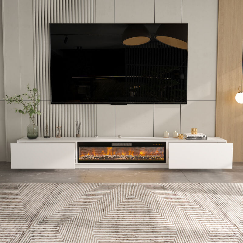 FUFU&GAGA 2-Drawer 1-Shelf TV Cabinet with Electric Fireplace (109.4" W x 15.7" D x 14.9" H), White