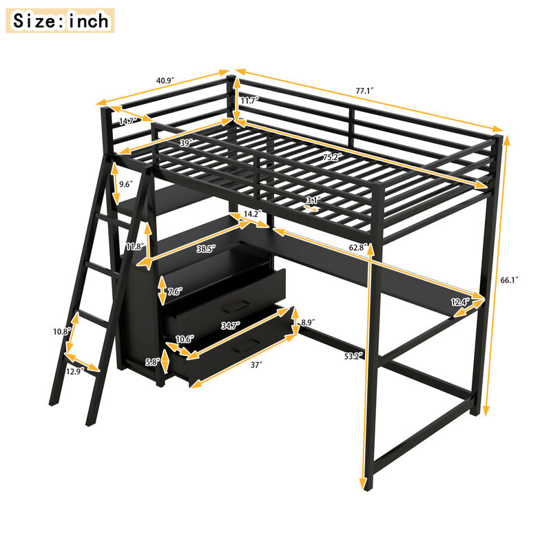 Twin Size Metal&Wood Loft Bed With Desk And Shelves, Two Built-In Drawers