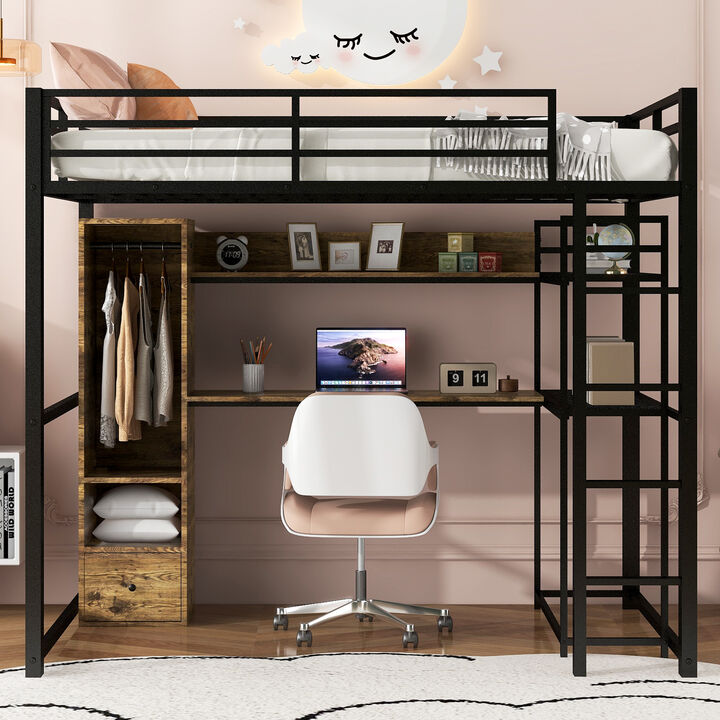 Merax Metal Loft Bed with Built-in Wardrobe