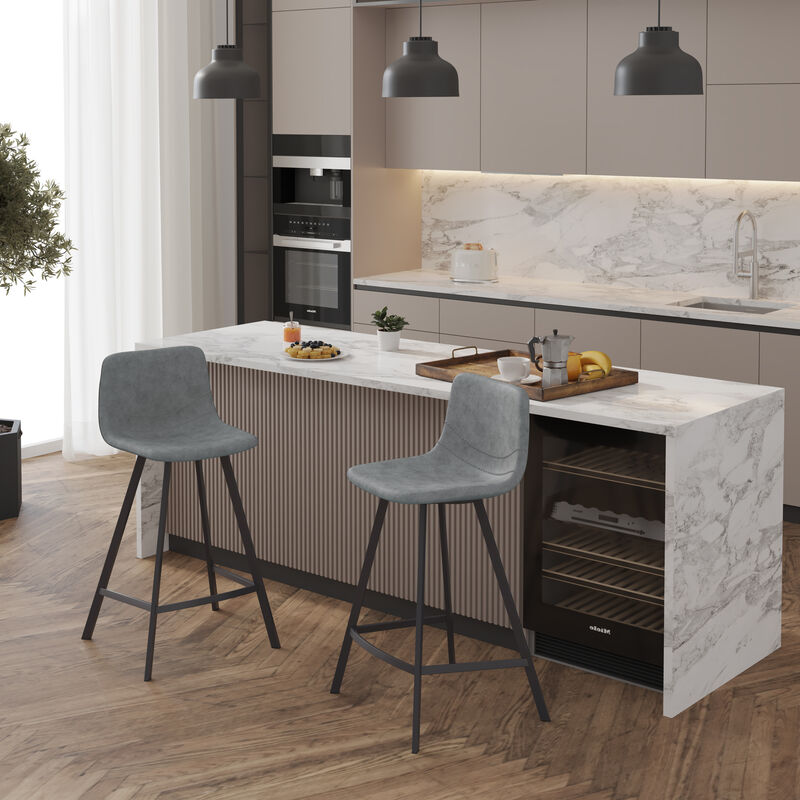 Elland Modern Upholstered Leather Bar Stool With Black Iron Legs & Footrest