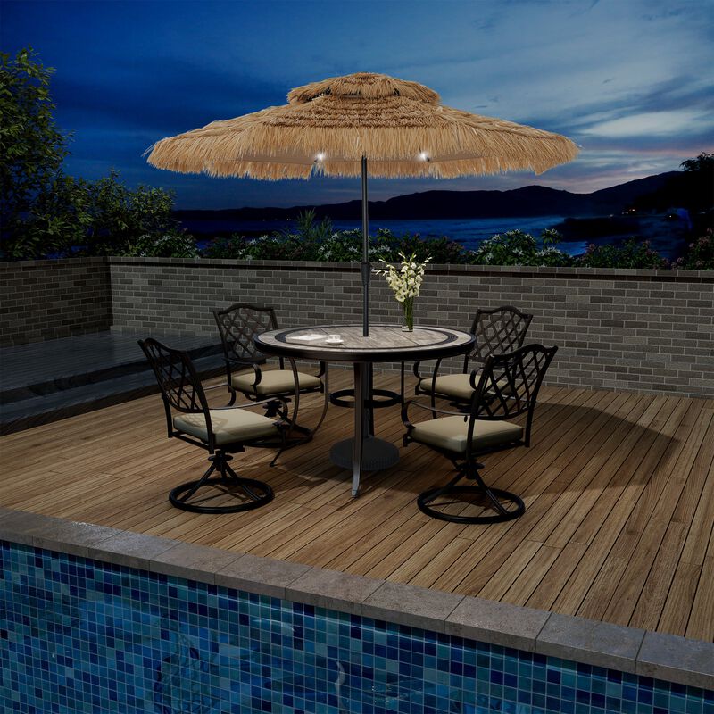 Mondawe 9 ft Hawaiian Crank Design 2 Tier Straw Patio Umbrella with LED Light & Round Based