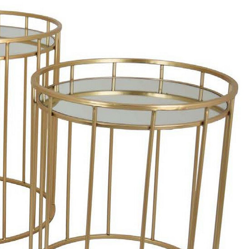 20 Inch Plant Stand Table Set of 3, Gold Metal Frame, Mirror Tray Top - Benzara