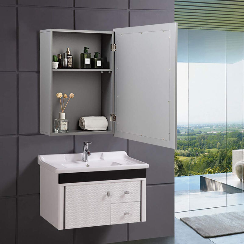 Costway Mirrored Medicine Cabinet Wall-Mounted Bathroom Storage Organizer W/Shelf Grey