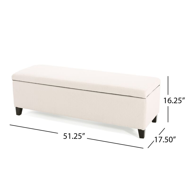 Elias Ottoman Bench with Storage, 51 Inch Rectangular, White Fabric -Benzara