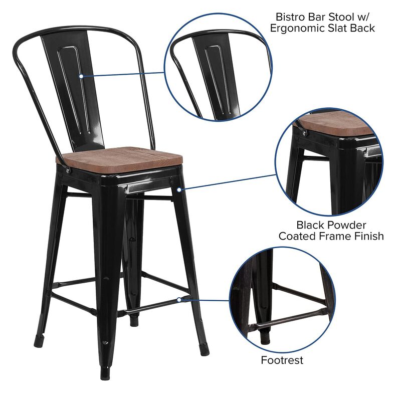 Flash Furniture Lily 24" High Black Metal Counter Height Stool with Back and Wood Seat