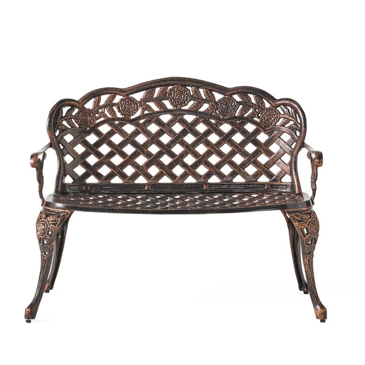 Ornate Cast Aluminum Garden Bench with Lattice and Rose Embellishments