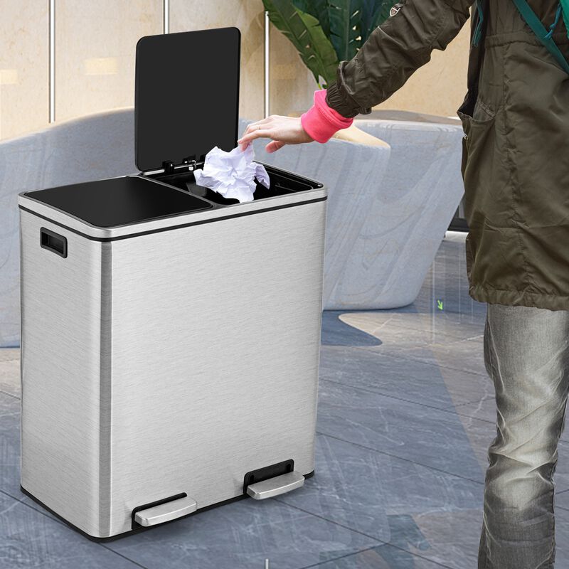 16 Gallon Dual Step Trash Can Recycling Double Bucket Pedal