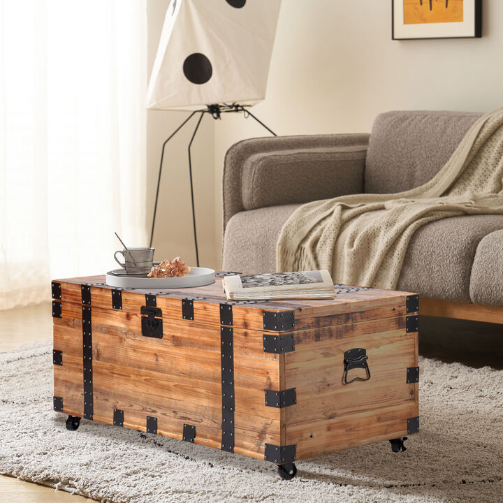 Trunk Table With Four Wheel Large Capacity Storage Coffee Table, Natural Reclaimed Wood Black Metal