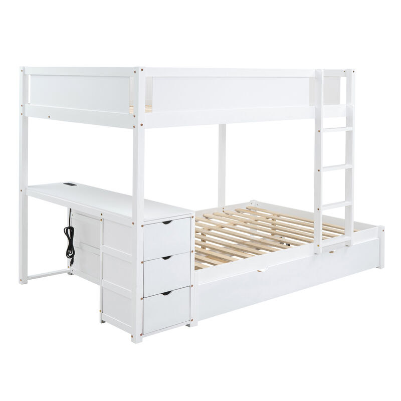 Full Over Full Bunk Bed With Twin Size Trundle, Storage And Desk, White